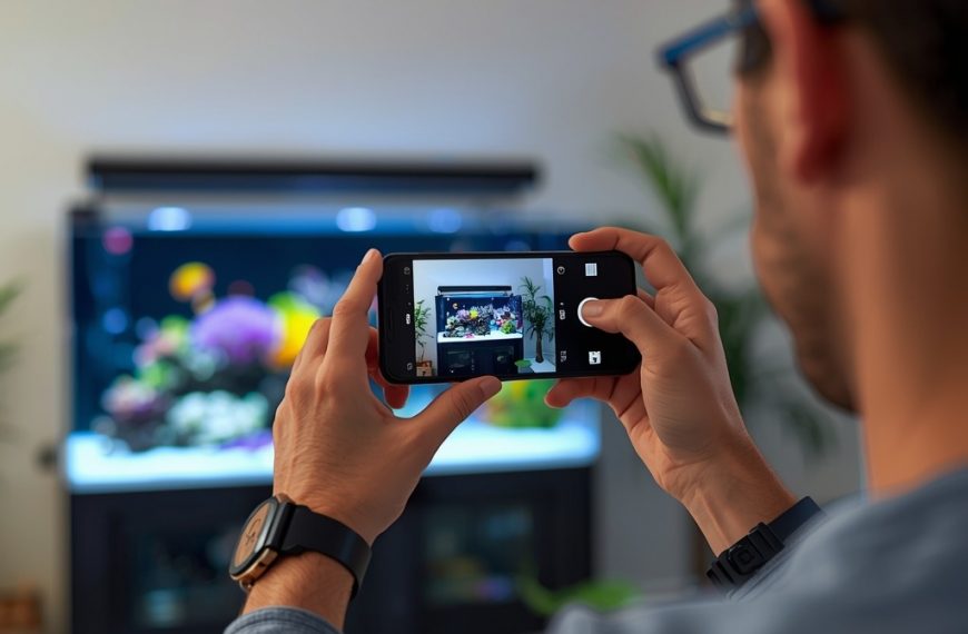 Photorealistic Shot Of A Marine Reef Hobbyist Taking A Photo Of An Aquarium