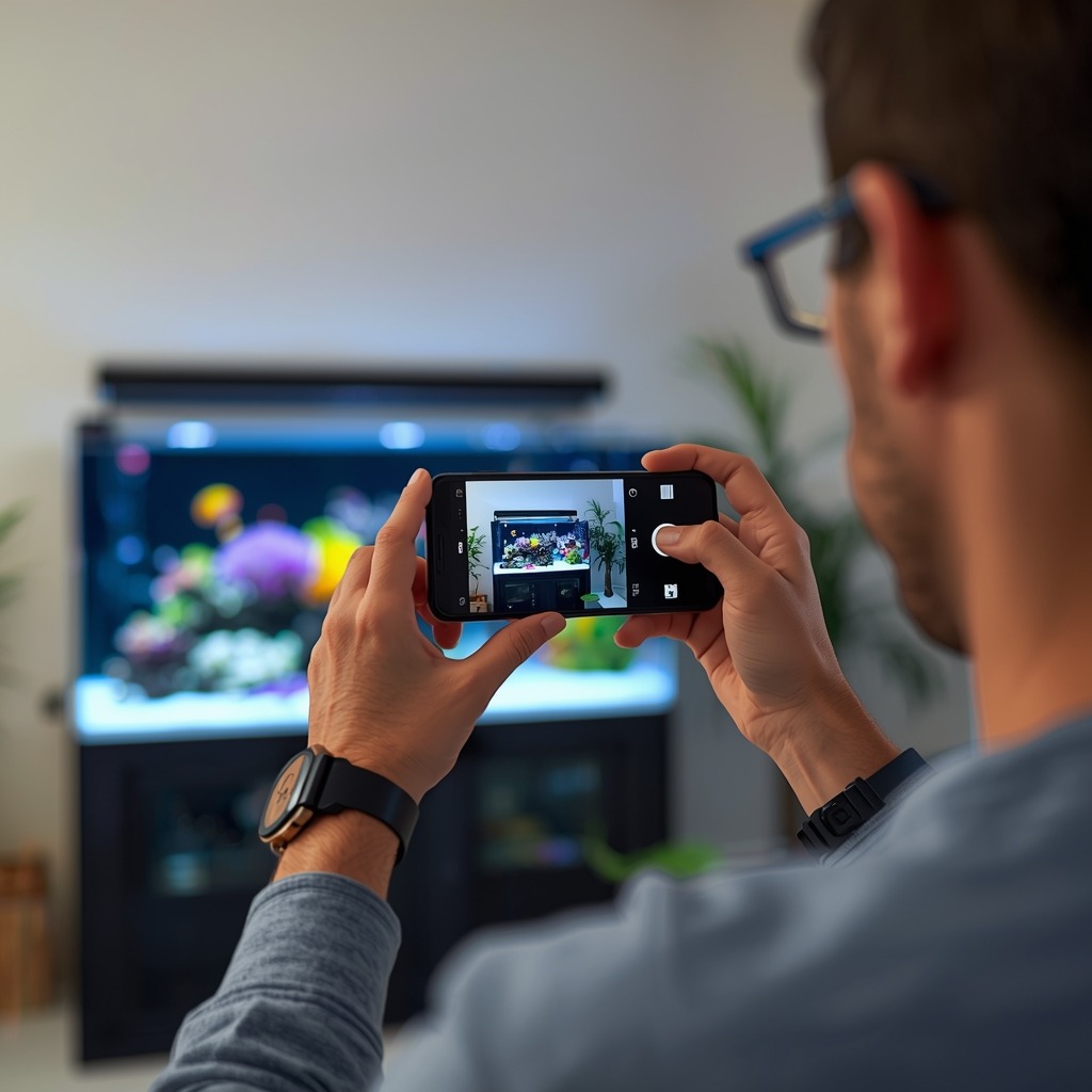 Photorealistic Shot Of A Marine Reef Hobbyist Taking A Photo Of An Aquarium